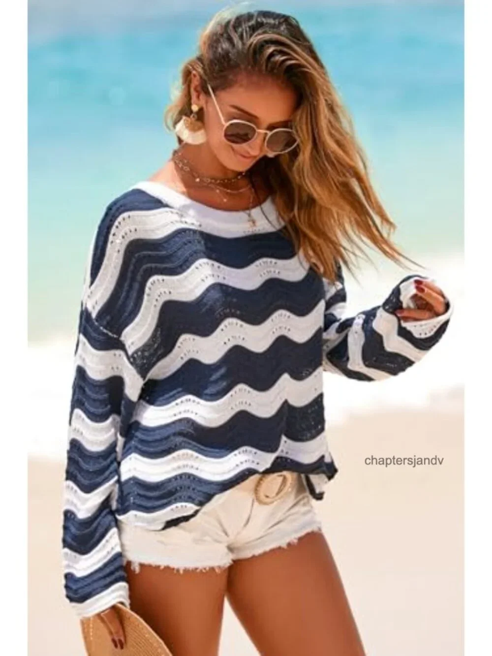 Linen Blend Crochet Bell Sleeve Striped Beach Cover-Up Top